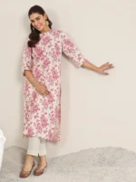 Pink Printed Cotton Straight Kurta