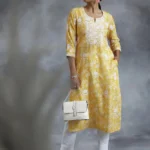 Yellow Embroidered Cotton Straight Kurta