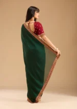 Bottle Green Gold Zariwork Soft Raw Silk Saree - Image 3
