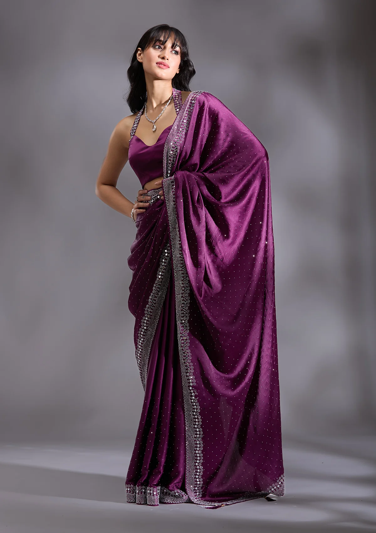 SAUS0044270_PURPLE_5_f4f7e4f2-633f-482f-9b45-4f80dc19149b.webp Purple Silver Stonework Satin Saree - Image 1