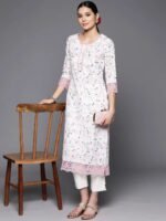 Off White Printed Cotton Straight Kurta - Image 2