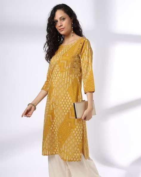 473Wx593H-443074729-mustard-MOD.jpg Women Printed Straight Kurta - Image 1