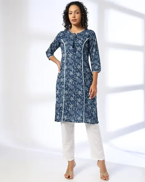 473Wx593H-443074985-indigo-MODEL.webp Women Printed Straight Kurta with Neck Tie-Up - Image 1