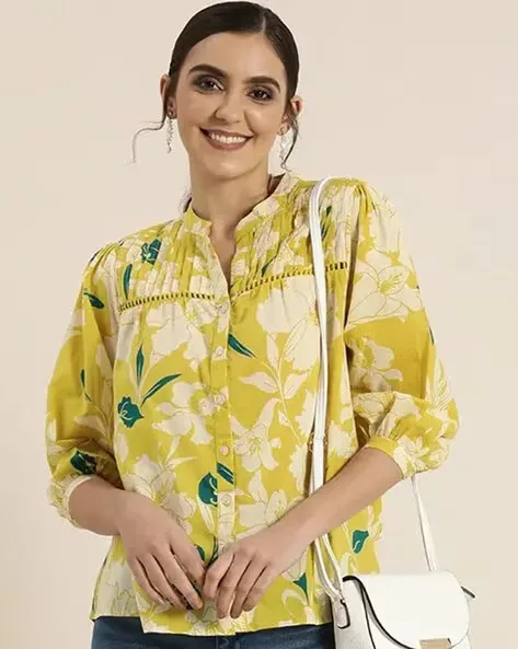 473Wx593H-702385031-mustard-MODEL.webp Women Regular Fit Floral Top - Image 1